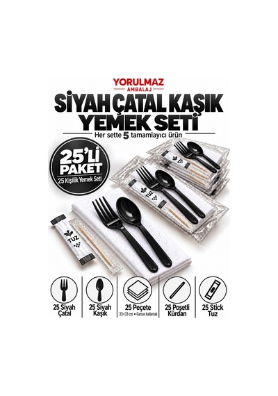 Lüks Siyah Çatal Kaşık Yemek Seti 25 Kişilik 33 33 Cm Garson Katlamalı Peçete, Poşetli Kürdan Ve Stick Tuz