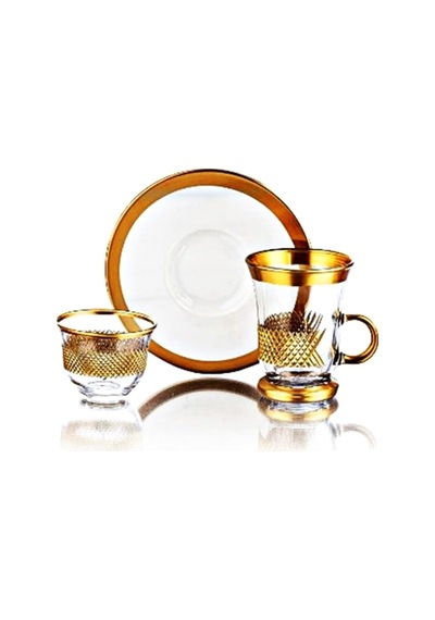Gold Porselen 18 Parça Çay Ve Mırra Takımı, Paşabahçe Bardak, Porselen Tabak Seti Çok Renkli