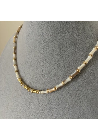 Rhea Modern Minimal Bamboo Form Beyaz Taş Detaylı Gold Kolye Altın - Beyaz