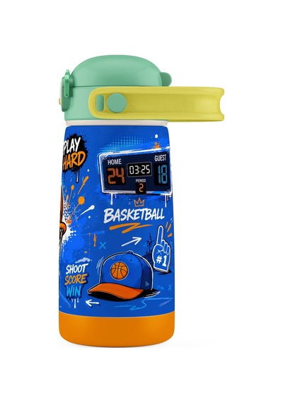 Puccon 420 Ml Erkek Çocuk Basketbol Baskılı Mavi Kahverengi Çelik Matara Termos - Sızdırma - 60031 Çok Renkli
