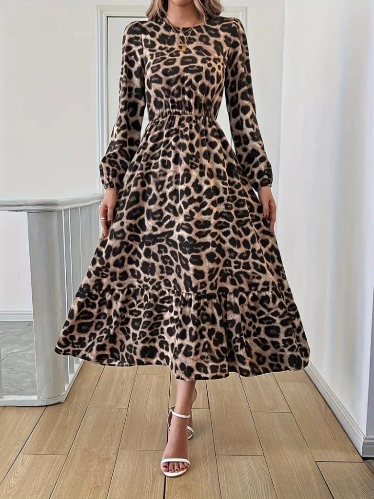 Hazego Uzun Kollu Bisiklet Yaka Leopar Desenli Midi Süprem Elbise Leopar