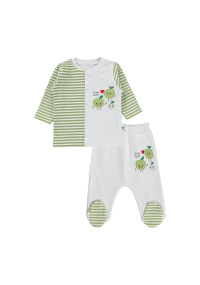 Nova Baby Yeşil Elma Kokulu Önden Açık 1-6 Ay Pijama Takımı - Ekru