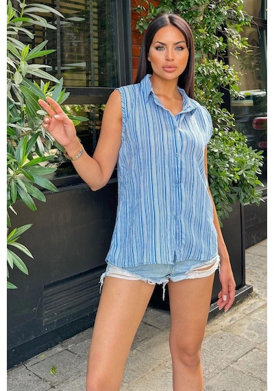 WeShaya Kadın Mavi Çizgili Desen, Dokulu Bodrum Kumaş, Kolsuz Rahat Gömlek Mavi