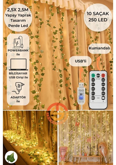 2.5x2.5m Led Perde Işık 250 Led 10 Saçak Yapay Sarmaşık Desenli Usb Kumandalı Dekoratif Aydınlatma Sarı