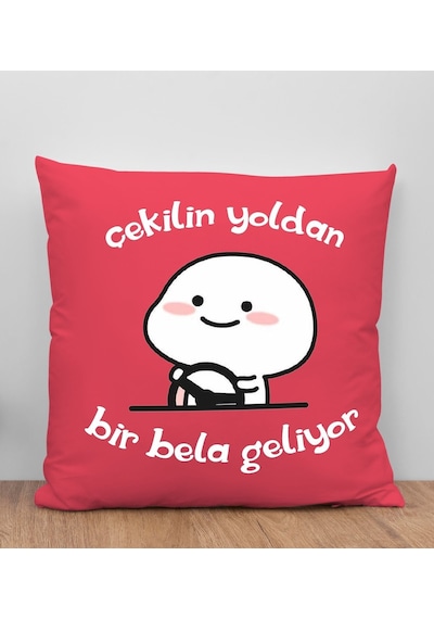 Bk Gift Bir Bela Geliyor Tasarımlı Kırmızı Kırlent Yastık, Arkadaşa Hediye, Ev Dekorasyonu, Ev Hediyesi-1