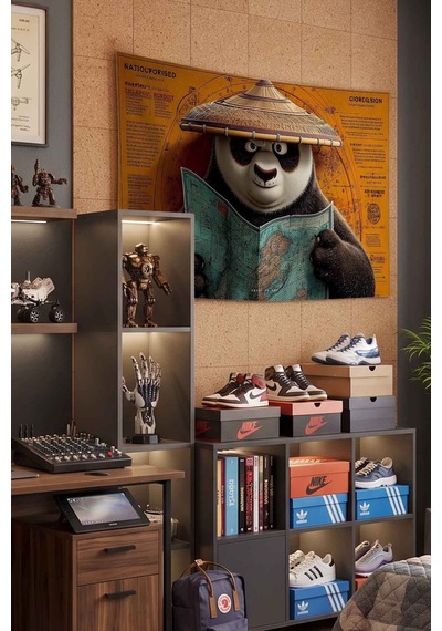Kung Fu Panda Po Harita Ve Gezgin Temalı Dekoratif Duvar Örtüsü Duvar Halısı Beyaz