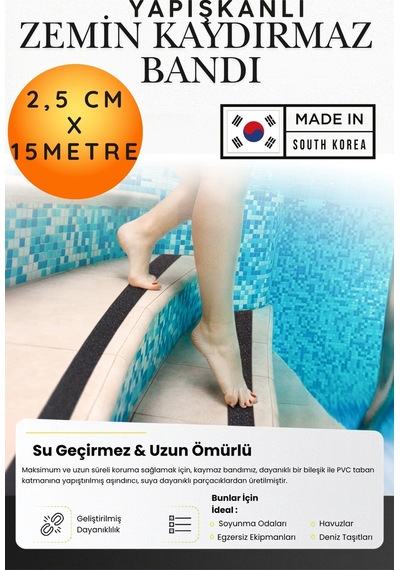 2,5 Cm X 15 Metre Yapışkanlı Zemin Kaydırmaz Bant - 60 Kum Siyah Zımpara Merdiven Havuz Rampa Güvenlik Bandı Su Geçirmez Kaygan Zemin Çözümü Kendinden Yapışkanlı Basamak Koruyucusu Kaydırmazlık Bandı