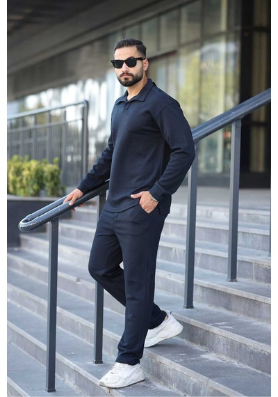 Mfz Giyim Petekli Alt Üst Pantolon Ve Patlı Yakalı Erkrk Sweat Takımı Lacivert