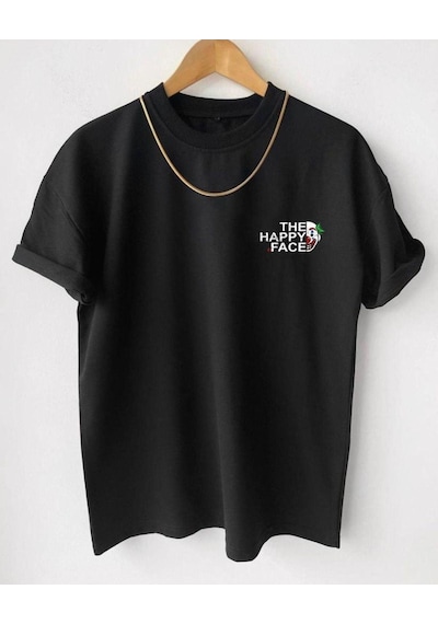 Flood Of Style Erkek Siyah Happy Face Baskılı Oversize Tshirt
