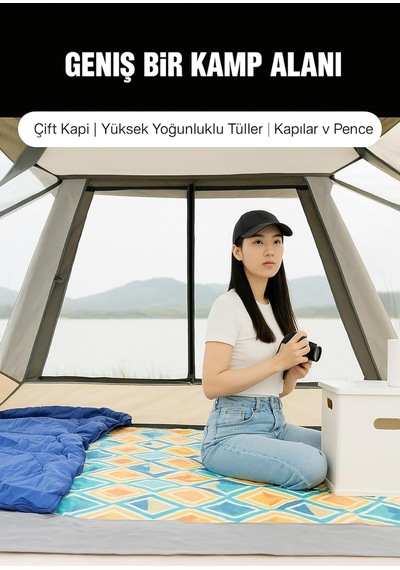 8-10 Kişilik Otomatik 4 Mevsim Kamp Çadırı 280x280x155 Cm Su Geçirmez, Hızlı Kurulum, Geniş Alan Genel
