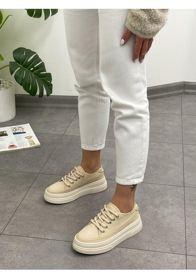 Erva'nın Butiği Ekru Keten Werner Bağcıklı Kadın Sneakers-5358
