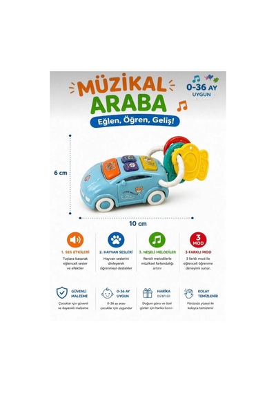 Müzikal Arabam Renkli Pilli Eğitici Ve Eğlenceli Bebek Aktivite Oyuncağı Çok Renkli