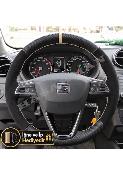 Seat Toledo Dikme Direksiyon Kılıfı Alcantara Süet Mat Karbon Bej Yüzük Ve Dikiş 2015-2018