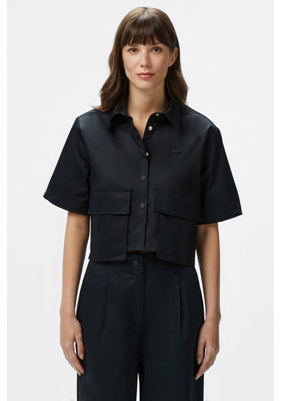 Lacoste Womens Regular Fit Black Shirt Standart Kesim Yarım Kollu Çıtçıt Düğmeli Kadın Gömlek Siyah
