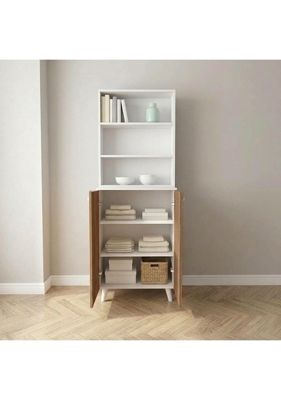 Tr Lidya Dolaplı Kitaplık 6 Raflı 2 Kapaklı 65 Cm, Atlantik Çam - Beyaz Genel