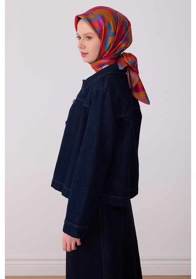 Belli Geometrik Desen İpek Twill Eşarp - 2026 İlkbahar-yaz T 4327 Turuncu