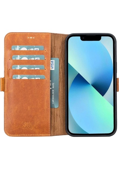 Apple İphone 13 Pro Max Uyumlu Deri Cüzdanlı Kılıf Karamel