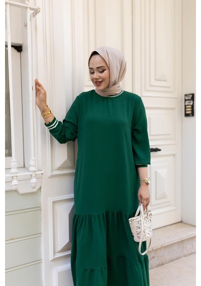 Hb Harma Time Butik Kadın Kat Kat Ribanalı Yeşil Tesettür Elbise Yeşil Yeşil