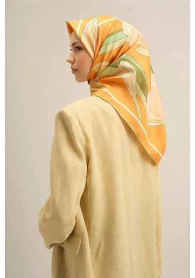 Armine Çiçek Desenli Saf İpek Sura Eşarp -9302d - 90 X 90 / Hardal Hardal