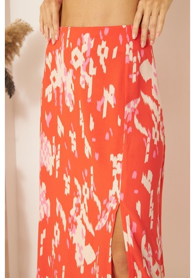 Darlin Moda Kırmızı Desenli Yırtmaçlı Midi Etek Dm2014 Kırmızı