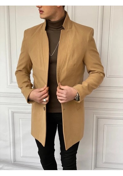 Modefendi Slim Fit İtalyan Kesim Yaka Kaşmir Kaban Deve Tüyü