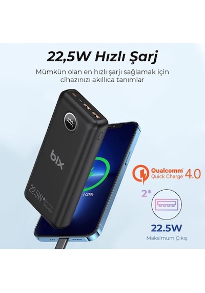 Bix Pb201 Üç Portlu 20000mah 22.5w Hızlı Şarj 4.0 Pd Giriş/çıkışlı Led Göstergeli Powerbank Siyah Siyah