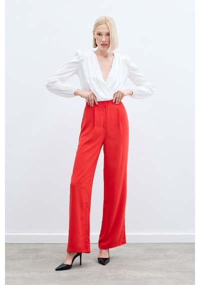 Sateen Pileli Krep Pantolon - Mercan-134596 Mercan
