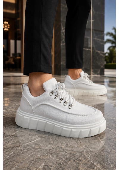 Mevese Duolc Bağcıklı Cilt Erkek Günlük Rahat Taban Sneaker Ayakkabı - Beyaz