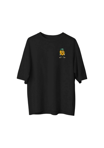 Qmen Style Unisex Siyah Oversize Baskılı T-shirt Limon %100 Pamuk