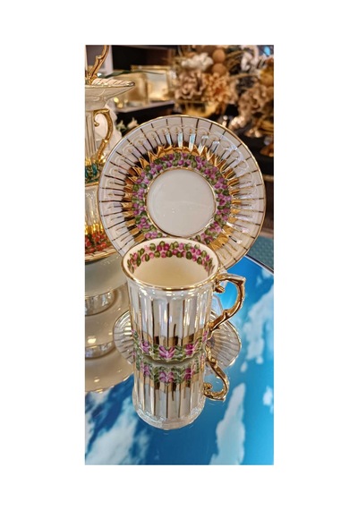 24k Altın Yaldızlı Yeni Çiçek Motif El Boyaması Kahve Fincan Takımı Çok Renkli