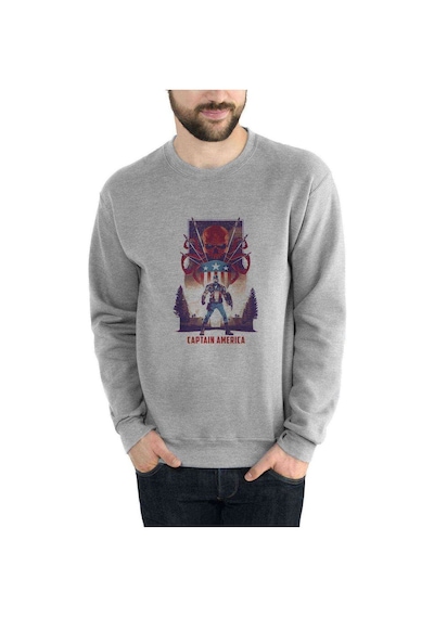 Captain America Baskılı Gri Erkek Örme Sweatshirt