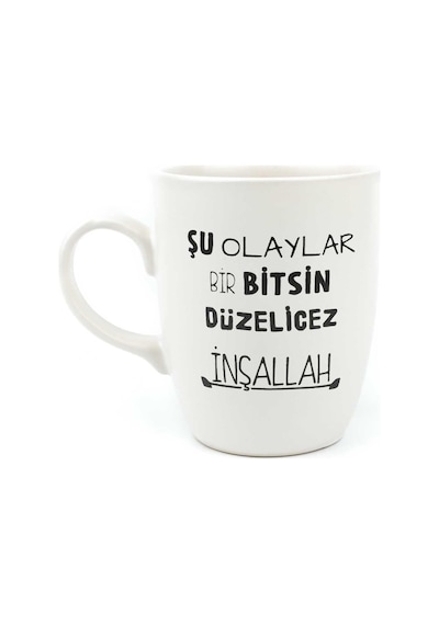 Şu Olaylar Bir Bitsin Düzelicez İnşallah Krem Oval Kupa - Hediye Seramik Kupa Açık Ahşap