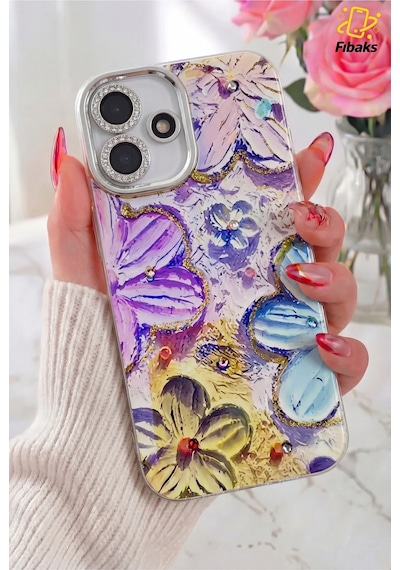 Fibaks iPhone 16 Plus Uyumlu Kılıf Renk Değiştiren Taşlı Kamera Lens Korumalı Mavi Çiçek Desenli Darbe Emici Kapak