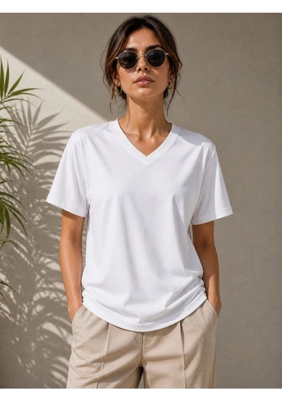 Kadın V Yaka Basic Tişört Kısa Kol Yazlık Regular Fit T-shirt - Beyaz