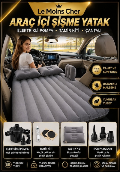 Dodge Challenger Sxt Araç İçi Şişme Kamp Yatağı Elektrikli Pompalı Çantalı Set Gri