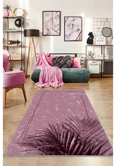 Pembe Modern Klasik Kaymaz Tabanlı Dekoratif Halı Rv186n11