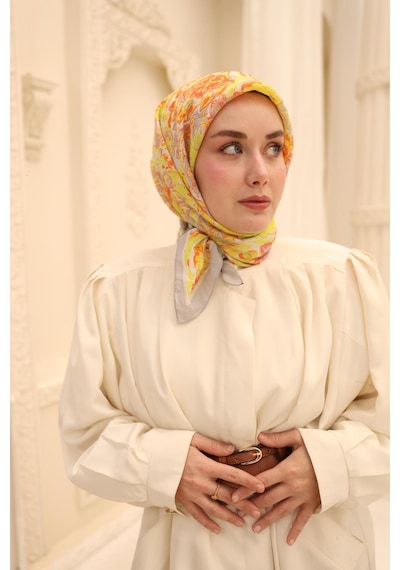 Silk Home Olinda İpek Eşarp 47002-22 Gümüş, Turuncu, Fosfor Yeşili, Sarı, Pudra Vizon