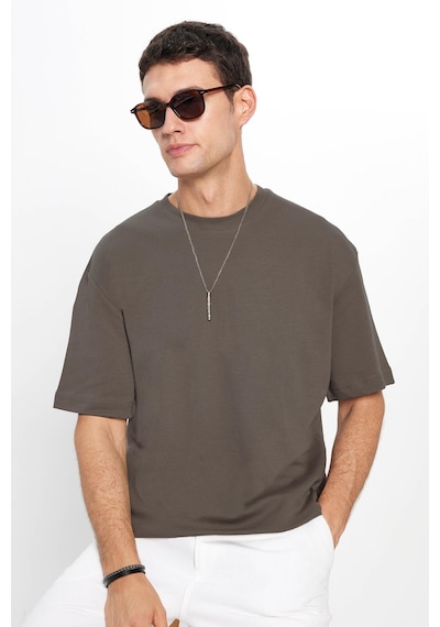 Tudors Unisex Oversize Geniş Kesim %100 Pamuk Yumuşak Dokulu Basic Bisiklet Yaka Füme Tişört-35182 Füme