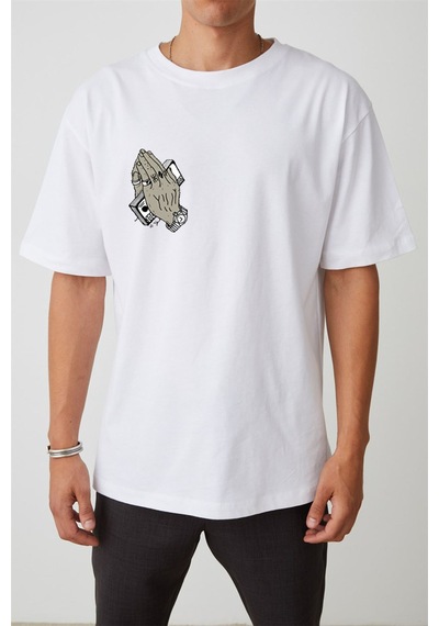 Thewert Unisex Mask Baskılı Beyaz Oversize Tshirt