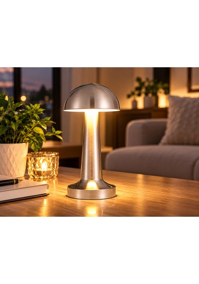 Modern Tasarımlı Led Masa Lambası - 3 Mod Metalik Gümüş Renk Dekoratif Abajur, Şık Ve Minimalist Masaüstü Aydınlatma Gri