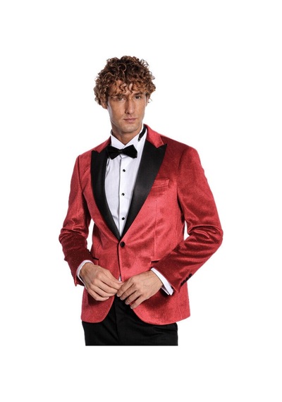 Wessi Simli Slim Fit Kadife Kırmızı Erkek Smokin Ceket - Kırmızı