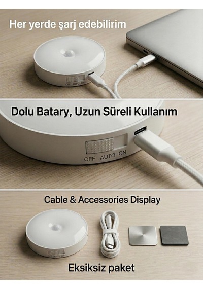 Hareket Sensörlü Yuvarlak Led Aydınlatma & Usb Şarjlı Pratik Gece Lambası 8 Cm Beyaz