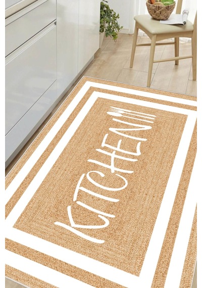 Çerçeveli Kitchen Yazılı Baskılı Kaymaz Yıkanabilir Mutfak Halısı Yolluk Beyaz