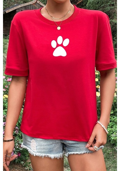Noıssey Unisex Paw Baskılı T-shirt Kırmızı