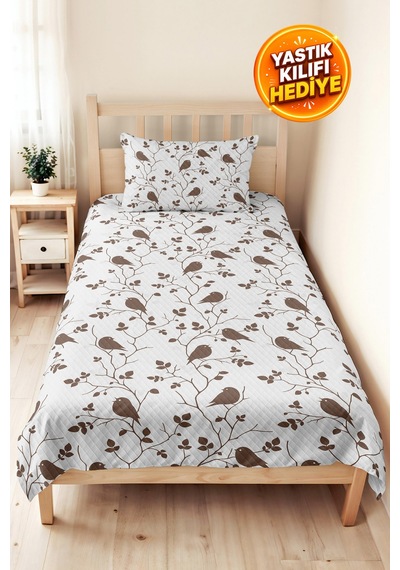 Kuşlu Bej Tek Kişilik Pike Takımı - Otantik Kahverengi Minimal 160x220 Cm Kapitone Yatak Örtüsü Şeffaf