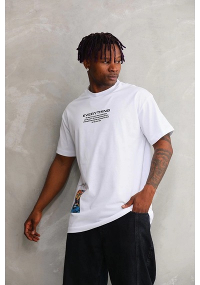 Barlashive Erkek Bisiklet Yaka Baskılı Oversize T-shirt - Beyaz Çok Renkli