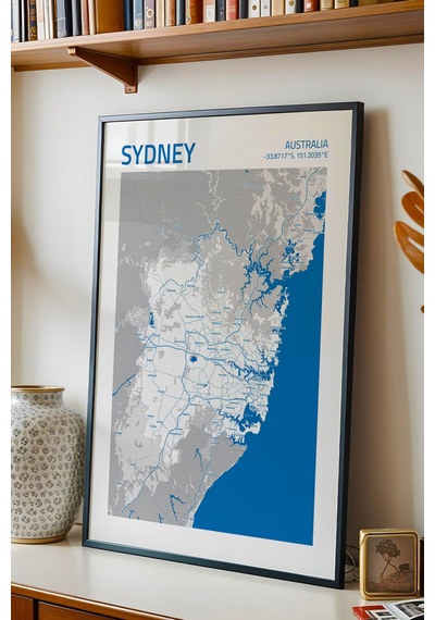 Sidney Avustralya Sydney - Australia Haritası Çerçeveli Tablo Salon Ofis Duvar Dekorasyonu Tablo