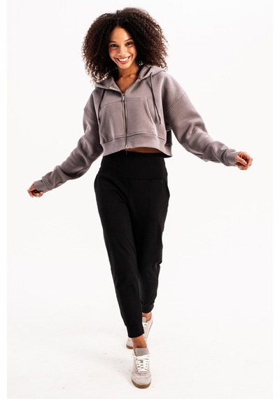 Justever Crop Kapüşonlu Fermuarlı Kanguru Cepli Şardonlu Hoodie Gri Kadın Sweatshirt - Lumen Gri