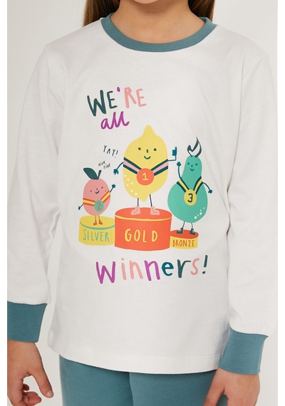 Rolypoly Were All Winner Beyaz Kız Çocuk Uzun Kol Pijama Takım Krem