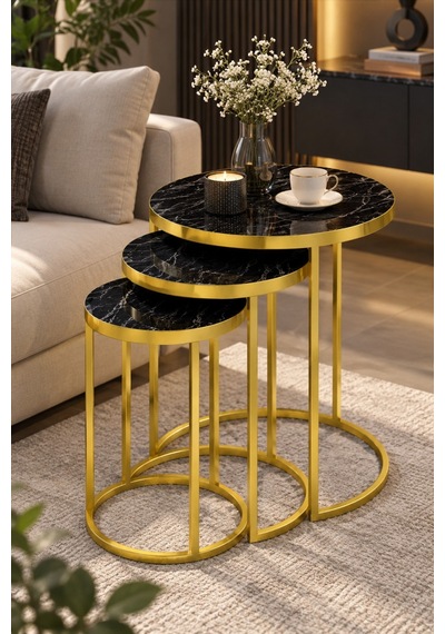 Sulorahome Siyah Mermer Desenli Gold Metal Ayaklı 3'lü Zigon Sehpa Takımı Altın - Siyah